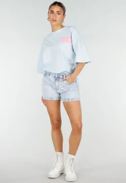 Lichtblauw T-shirt met Roze Print en Korte Mouwen en Ronde Hals