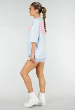 Lichtblauw T-shirt met Roze Print en Korte Mouwen en Ronde Hals