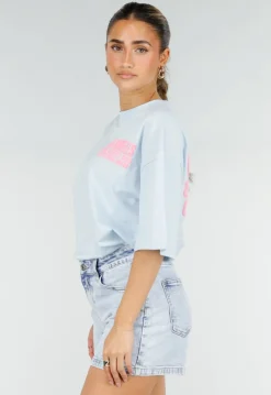 Lichtblauw T-shirt met Roze Print en Korte Mouwen en Ronde Hals