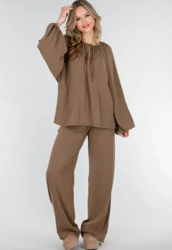 Lichtbruine Linnenlook Broek met Rechte Pijpen
