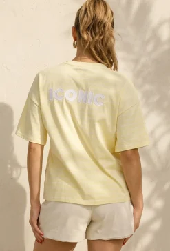 Lichtgeel Gestreept Oversized T-shirt met Iconic Opdruk