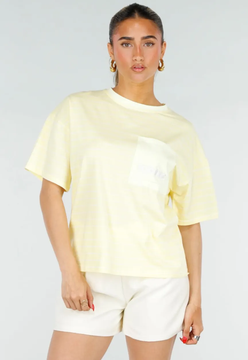 Lichtgeel Gestreept Oversized T-shirt met Iconic Opdruk