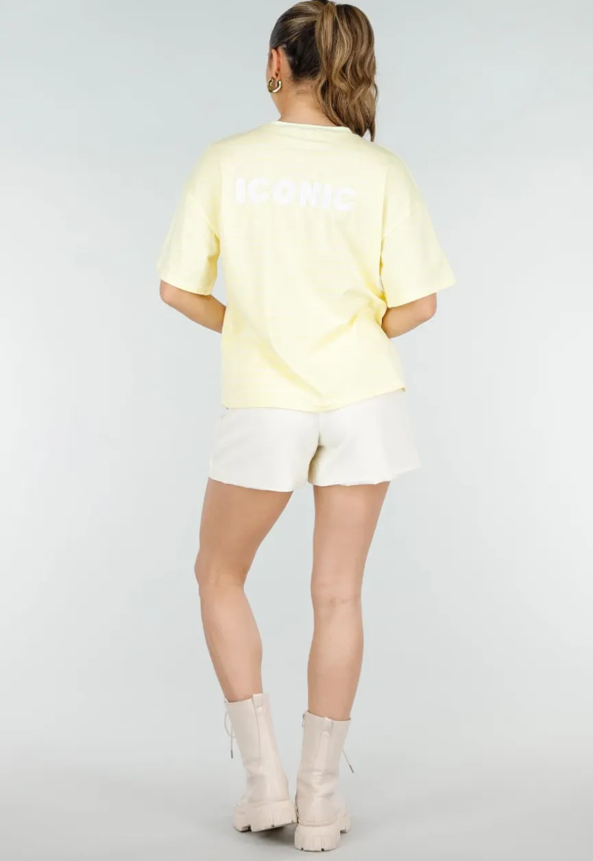 Lichtgeel Gestreept Oversized T-shirt met Iconic Opdruk