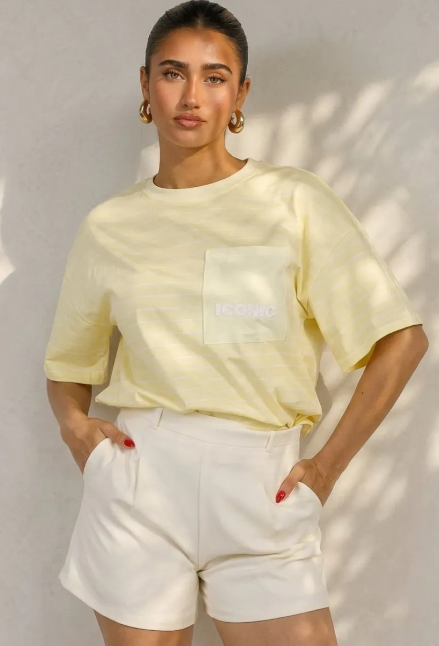 Lichtgeel Gestreept Oversized T-shirt met Iconic Opdruk