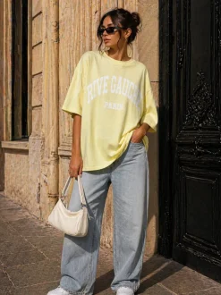 Lichtgeel Oversized T-Shirt met Witte Tekstprint