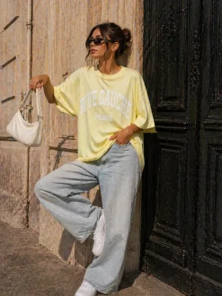 Lichtgeel Oversized T-Shirt met Witte Tekstprint
