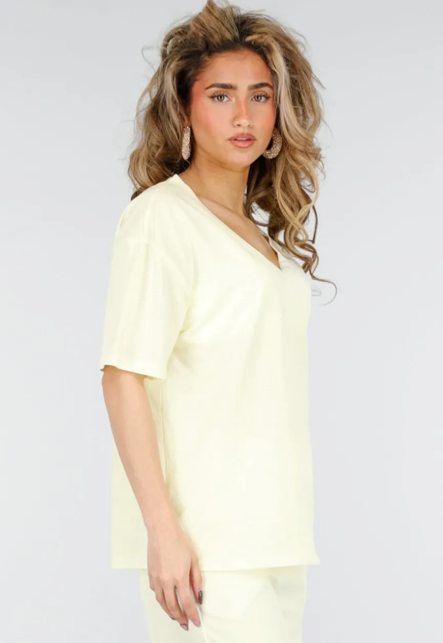 Lichtgeel V Hals T Shirt van Katoen