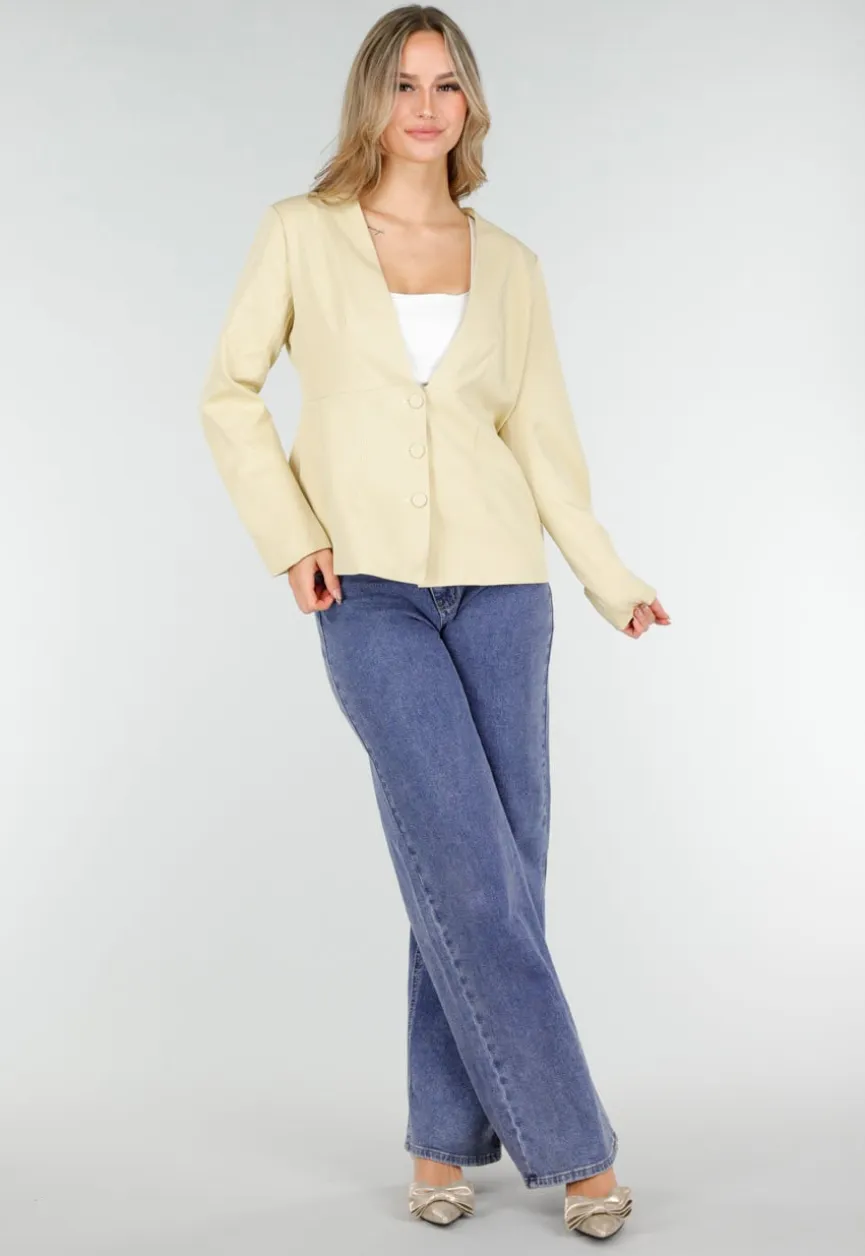 Lichtgele Blazer met Getailleerde Pasvorm en Knoopsluiting