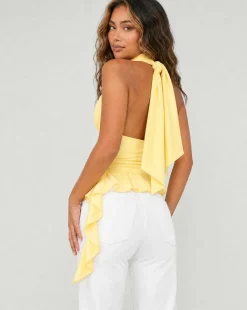 Lichtgele Halter Top met Diepe V-Hals en Volant Zoom
