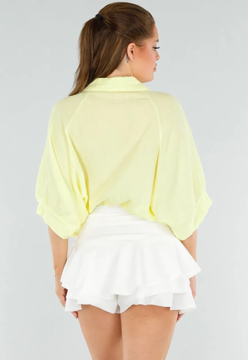 Lichtgele Katoenen Blouse met Knoopjes en Vleermouwen