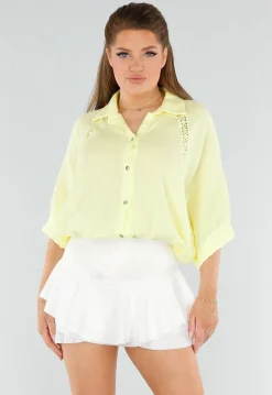 Lichtgele Katoenen Blouse met Knoopjes en Vleermouwen