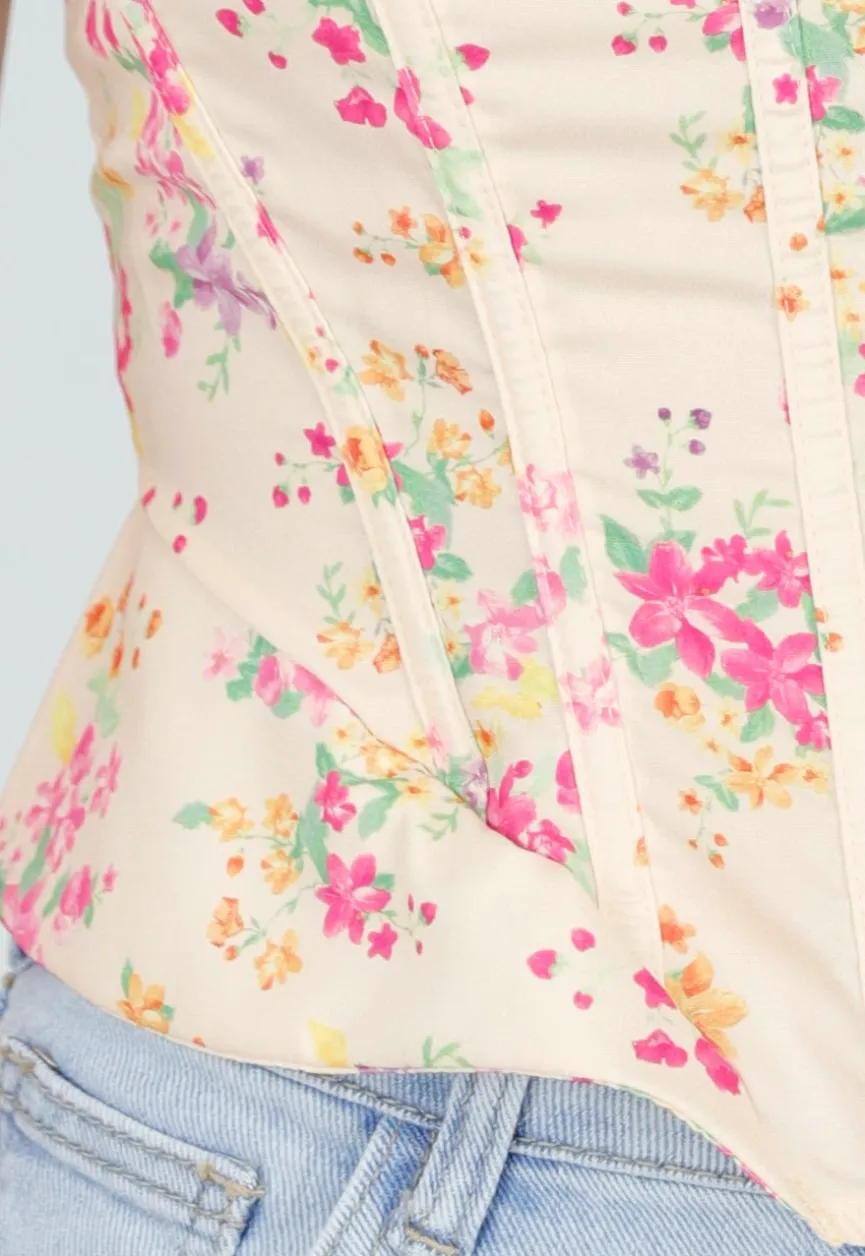 Lichtgele Korset Top met Bloemenprint en Vetersluiting