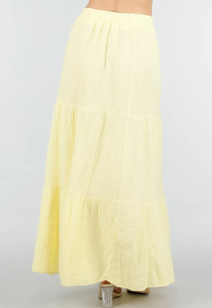 Lichtgele Mousseline Maxi Rok met Elastische Taille