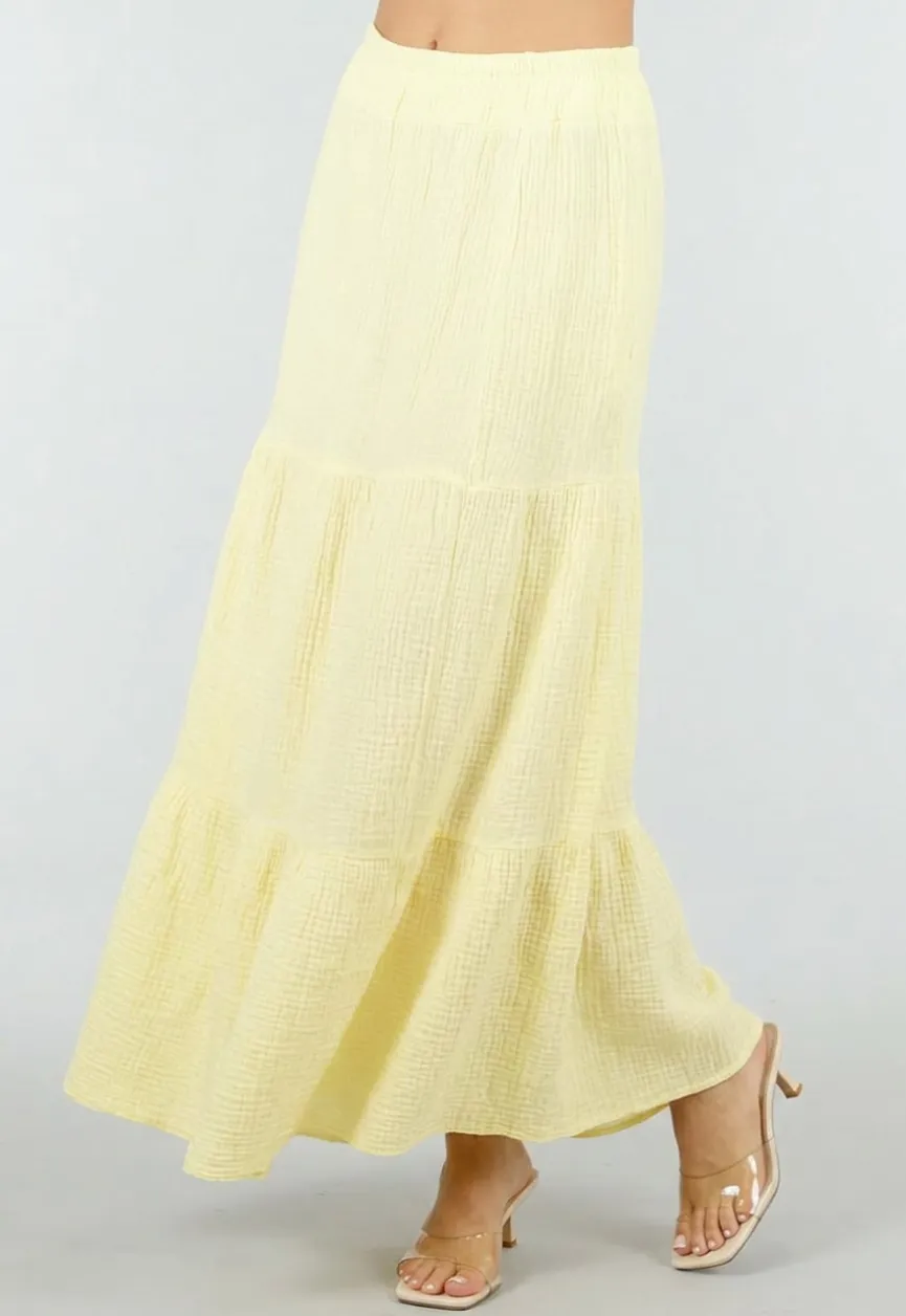 Lichtgele Mousseline Maxi Rok met Elastische Taille