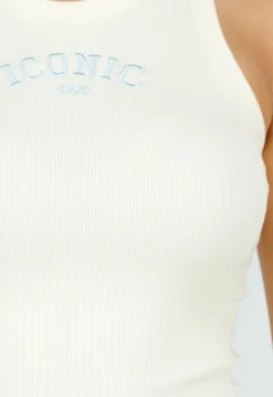 Lichtgele Rib Tanktop met Blauwe Tekst en Aansluitende Pasvorm