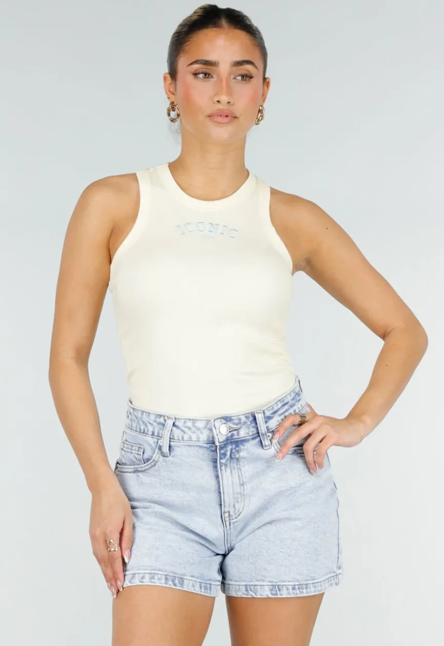 Lichtgele Rib Tanktop met Blauwe Tekst en Aansluitende Pasvorm