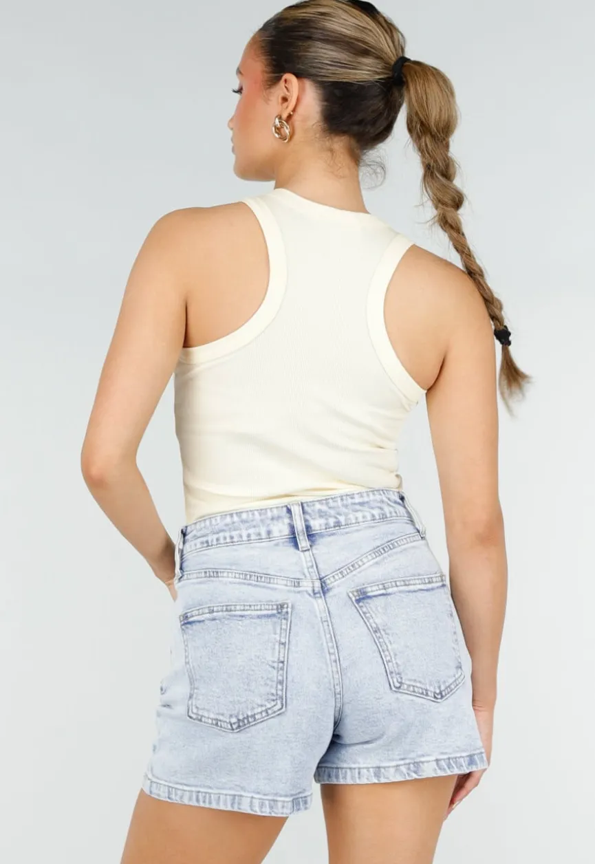 Lichtgele Rib Tanktop met Blauwe Tekst en Aansluitende Pasvorm