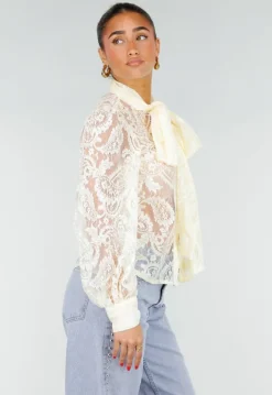 Lichtgele Transparante Kanten Blouse met Strikkraag en Lange Mouwen