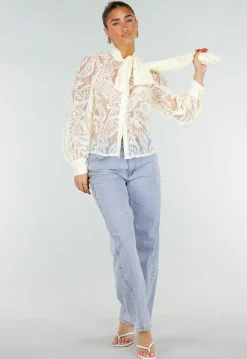 Lichtgele Transparante Kanten Blouse met Strikkraag en Lange Mouwen