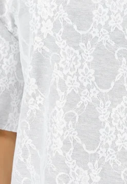 Lichtgrijs Kanten T-shirt met Korte Mouwen en Ronde Hals
