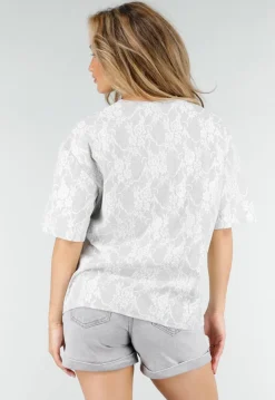 Lichtgrijs Kanten T-shirt met Korte Mouwen en Ronde Hals