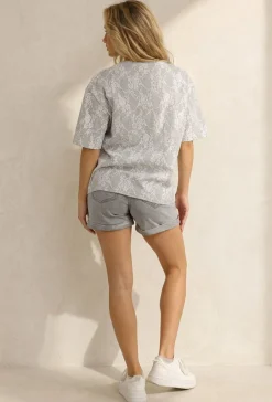 Lichtgrijs Kanten T-shirt met Korte Mouwen en Ronde Hals