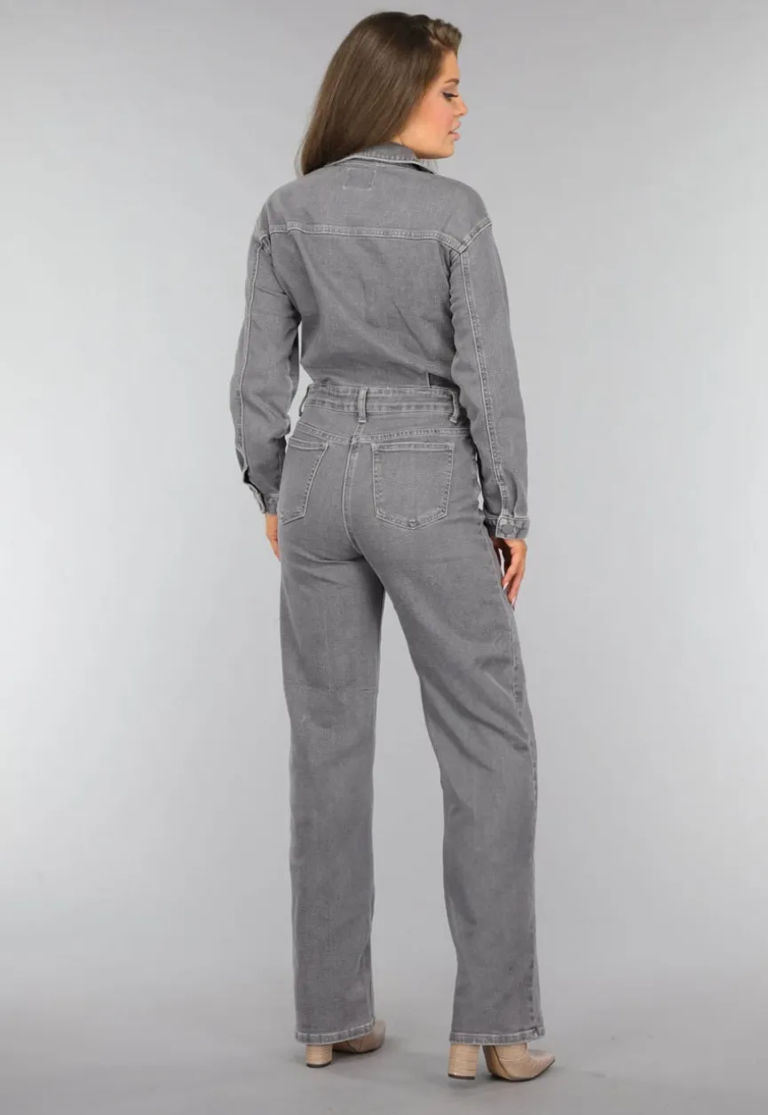 Lichtgrijze Denim Jumpsuit met Stretch