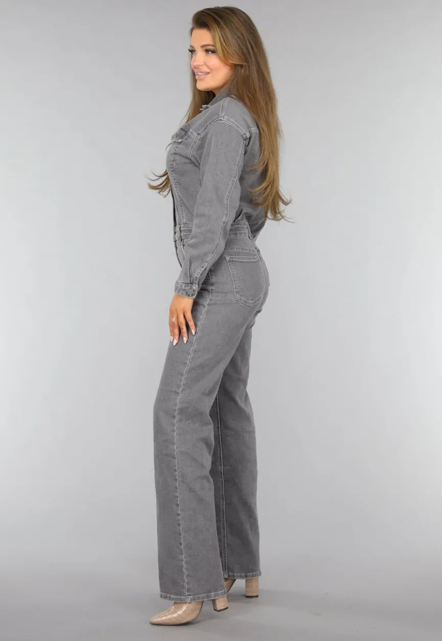 Lichtgrijze Denim Jumpsuit met Stretch