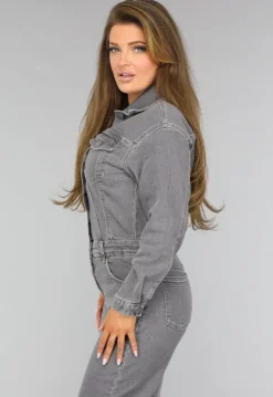 Lichtgrijze Denim Jumpsuit met Stretch