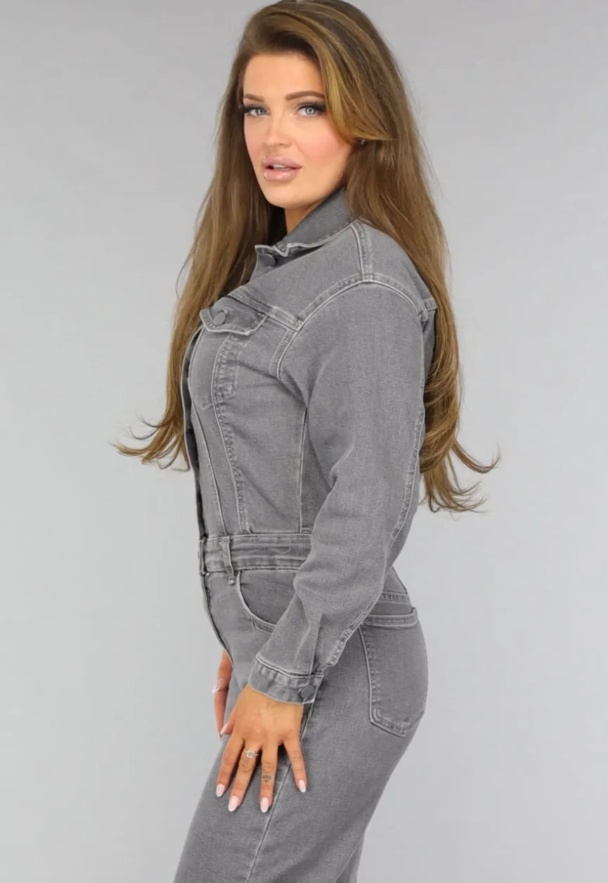 Lichtgrijze Denim Jumpsuit met Stretch