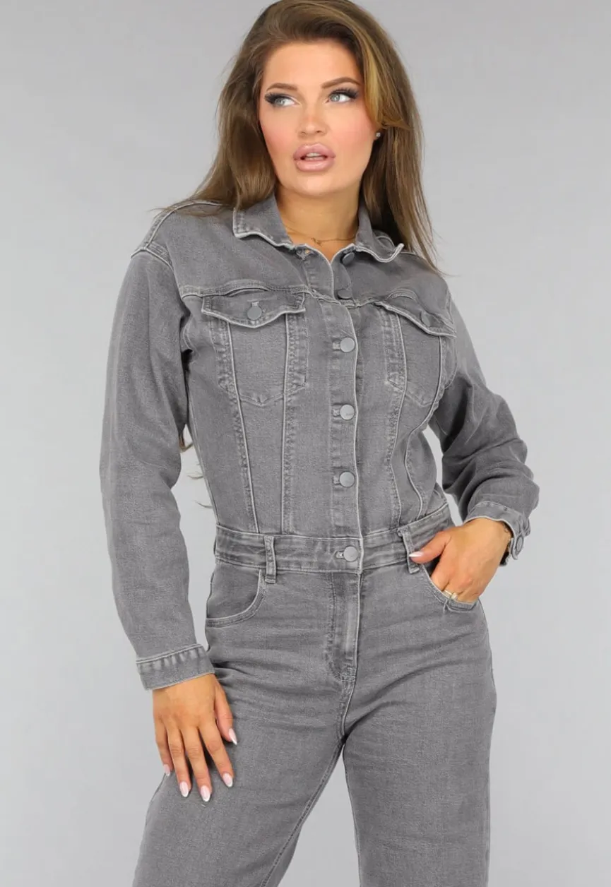 Lichtgrijze Denim Jumpsuit met Stretch