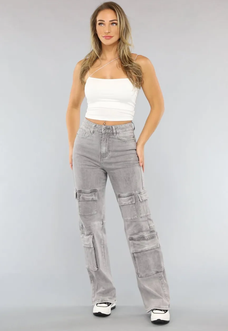 Lichtgrijze Jeans met Hoge Taille en Cargo Zakken