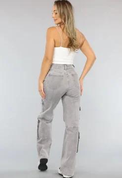 Lichtgrijze Jeans met Hoge Taille en Cargo Zakken