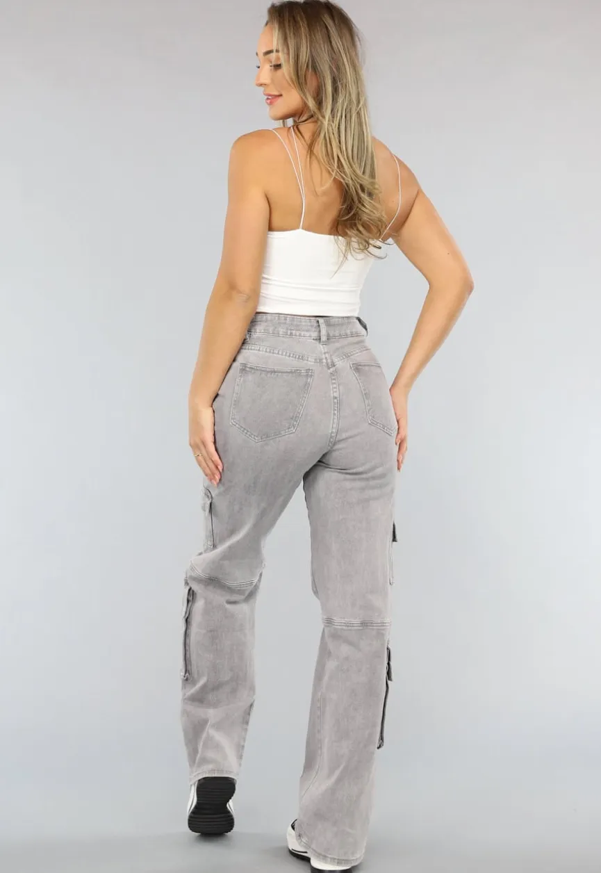 Lichtgrijze Jeans met Hoge Taille en Cargo Zakken