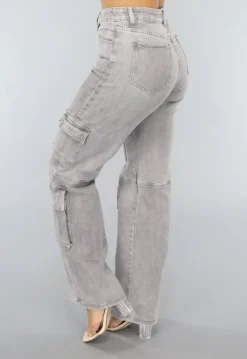 Lichtgrijze Jeans met Hoge Taille en Cargo Zakken