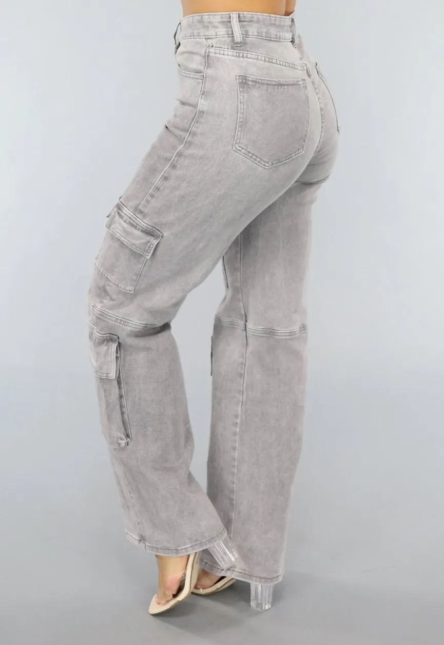 Lichtgrijze Jeans met Hoge Taille en Cargo Zakken