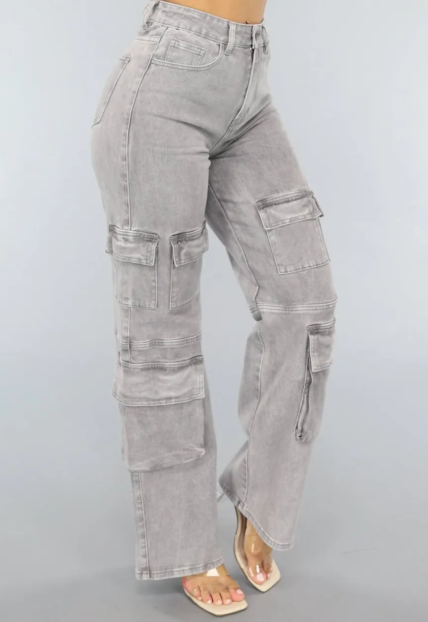 Lichtgrijze Jeans met Hoge Taille en Cargo Zakken