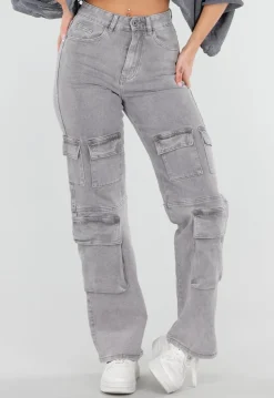 Lichtgrijze Jeans met Hoge Taille en Cargo Zakken