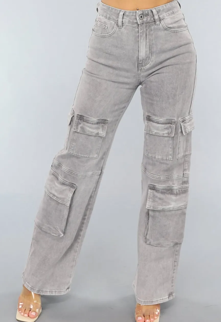 Lichtgrijze Jeans met Hoge Taille en Cargo Zakken