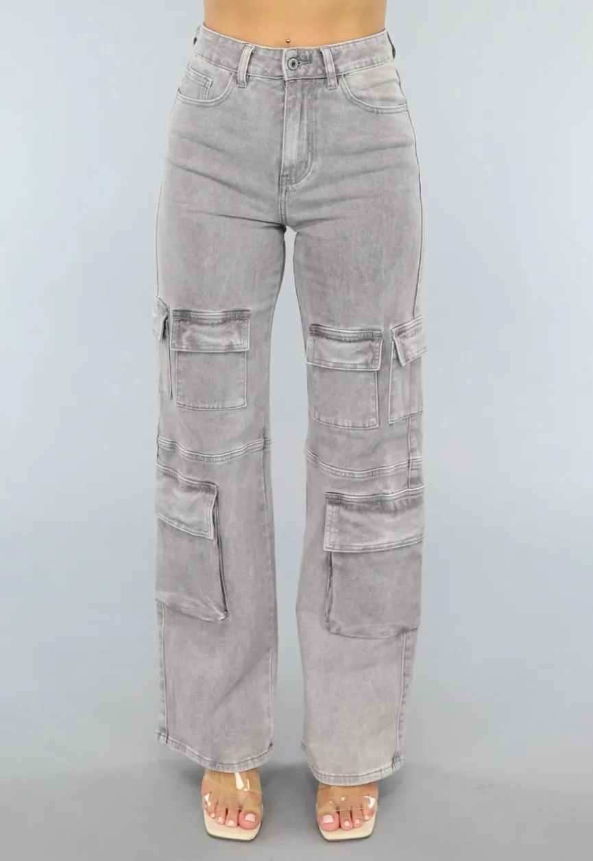 Lichtgrijze Jeans met Hoge Taille en Cargo Zakken