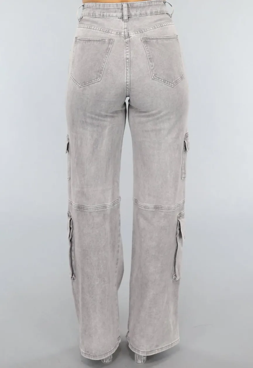 Lichtgrijze Jeans met Hoge Taille en Cargo Zakken