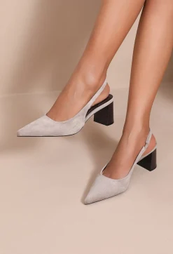 Lichtgrijze Suède Slingback Pumps met Blokhak