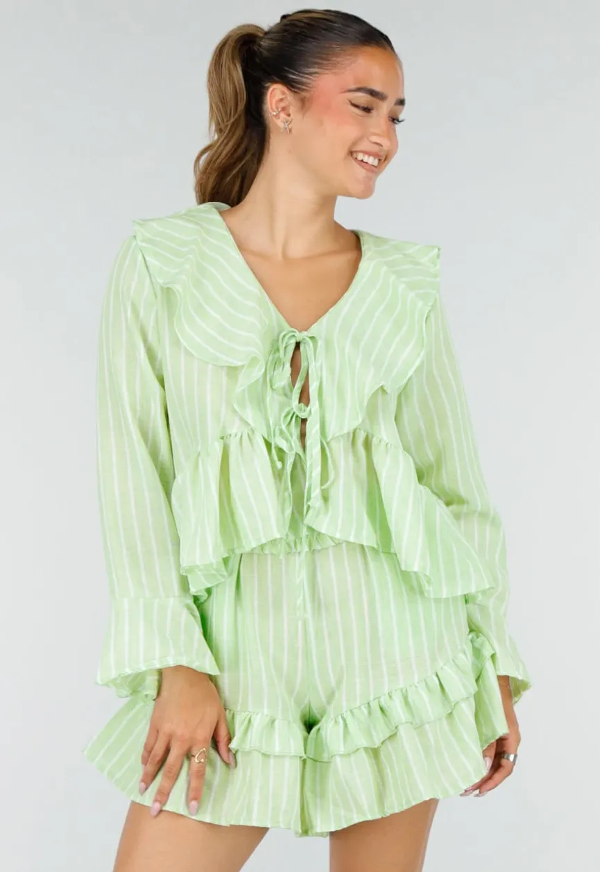 Lichtgroene Gestreepte Two Piece Set met Blouse en Rucheshort