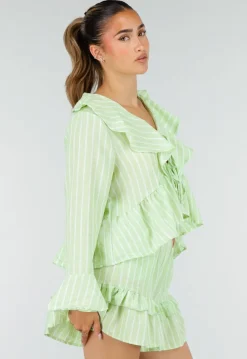 Lichtgroene Gestreepte Two Piece Set met Blouse en Rucheshort
