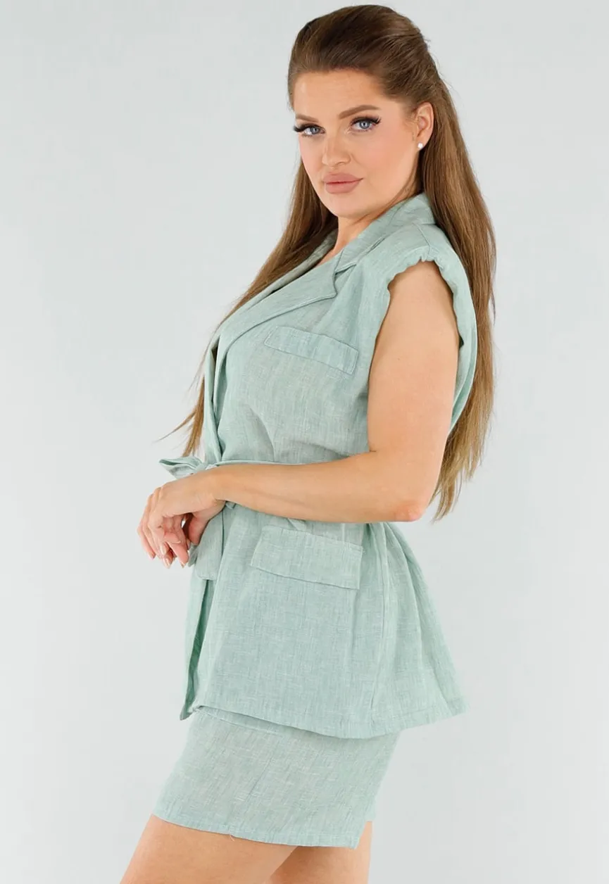 Lichtgroene Linnenlook Blazerset met Short, Zakken en Ceintuur