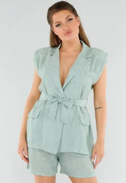 Lichtgroene Linnenlook Blazerset met Short, Zakken en Ceintuur