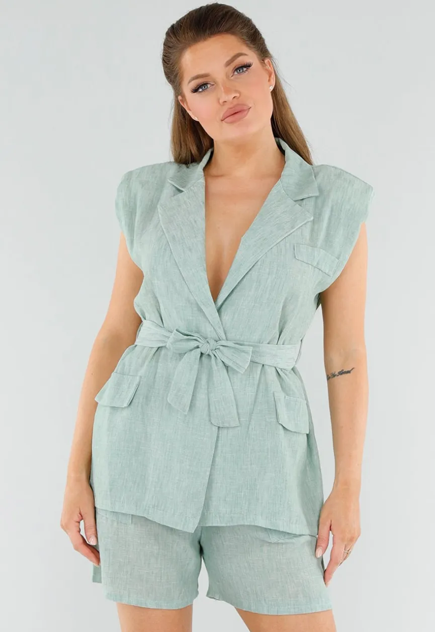 Lichtgroene Linnenlook Blazerset met Short, Zakken en Ceintuur