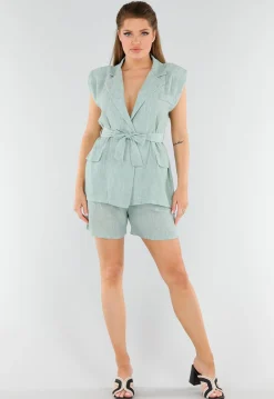 Lichtgroene Linnenlook Blazerset met Short, Zakken en Ceintuur