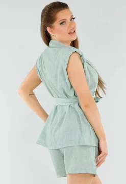 Lichtgroene Linnenlook Blazerset met Short, Zakken en Ceintuur