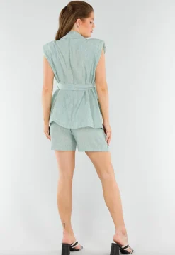 Lichtgroene Linnenlook Blazerset met Short, Zakken en Ceintuur